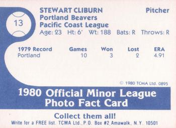 1980 TCMA Portland Beavers #13 Stewart Cliburn Back