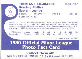 1980 TCMA Reading Phillies #12 Tom Lombarski Back