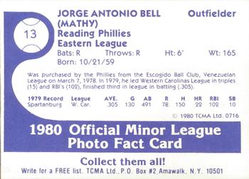 1980 TCMA Reading Phillies #13 Jorge Bell Back