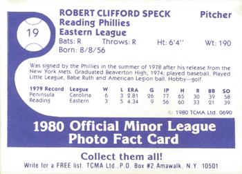 1980 TCMA Reading Phillies #19 Cliff Speck Back