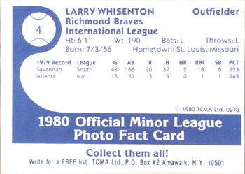 1980 TCMA Richmond Braves #4 Larry Whisenton Back