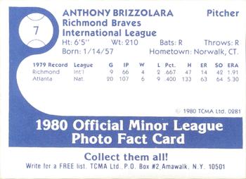 1980 TCMA Richmond Braves #7 Tony Brizzolara Back