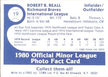 1980 TCMA Richmond Braves #19 Bob Beall Back