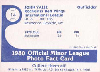 1980 TCMA Rochester Red Wings #14 John Valle Back