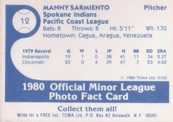 1980 TCMA Spokane Indians #12 Manny Sarmiento Back