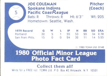 1980 TCMA Spokane Indians #5 Joe Coleman Back
