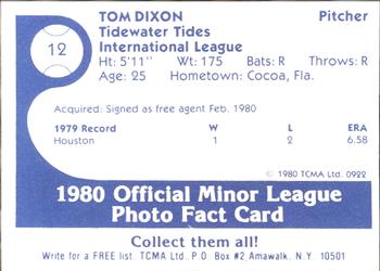 1980 TCMA Tidewater Tides #12 Tom Dixon Back