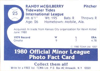 1980 TCMA Tidewater Tides #25 Randy McGilberry Back