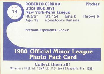 1980 TCMA Utica Blue Jays #14 Roberto Cerrud Back