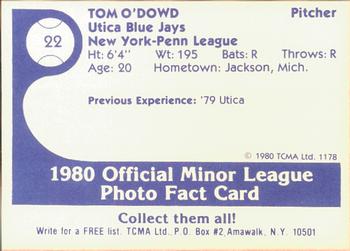 1980 TCMA Utica Blue Jays #22 Tom O'Dowd Back