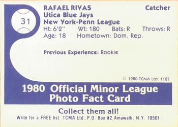 1980 TCMA Utica Blue Jays #31 Rafael Rivas Back