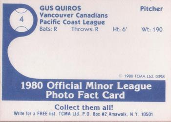 1980 TCMA Vancouver Canadians #4 Gus Quiros Back