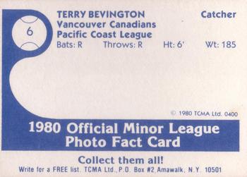 1980 TCMA Vancouver Canadians #6 Terry Bevington Back