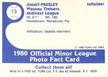 1980 TCMA Wausau Timbers #13 Jimmy Presley Back