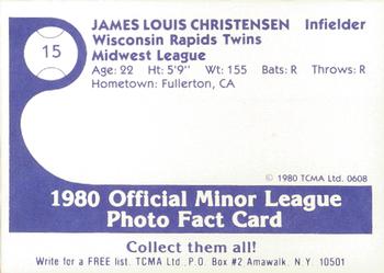 1980 TCMA Wisconsin Rapids Twins #15 James Christensen Back
