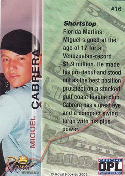 2001 Royal Rookies Futures - Limited Edition #16 Miguel Cabrera Back