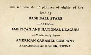 1921 American Caramel Series of 80 (E121) #NNO Elmer Miller Back