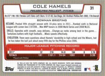 2012 Bowman Chrome #31 Cole Hamels Back
