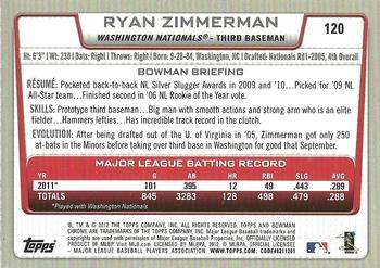 2012 Bowman Chrome #120 Ryan Zimmerman Back