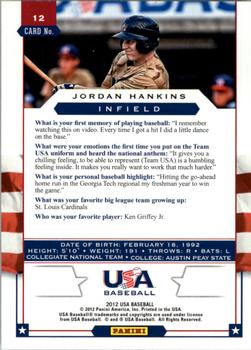 2012 Panini USA Baseball #12 Jordan Hankins Back