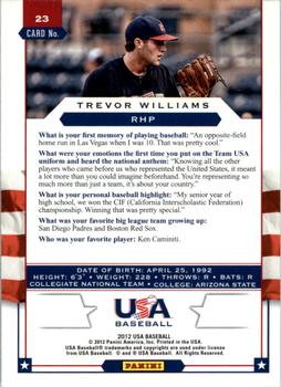 2012 Panini USA Baseball #23 Trevor Williams Back