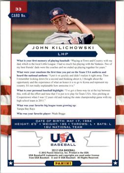 2012 Panini USA Baseball #33 John Kilichowski Back
