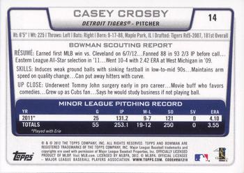 2012 Bowman Draft Picks & Prospects #14 Casey Crosby Back