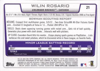 2012 Bowman Draft Picks & Prospects #21 Wilin Rosario Back
