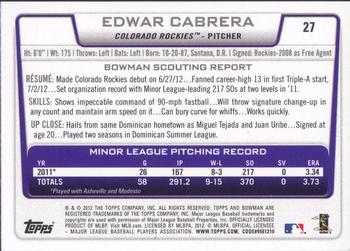 2012 Bowman Draft Picks & Prospects #27 Edwar Cabrera Back