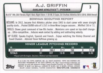 2012 Bowman Draft Picks & Prospects #3 A.J. Griffin Back