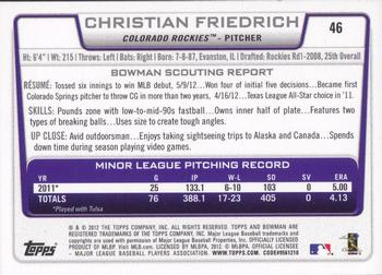 2012 Bowman Draft Picks & Prospects #46 Christian Friedrich Back