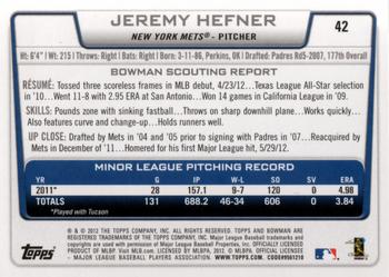 2012 Bowman Draft Picks & Prospects #42 Jeremy Hefner Back