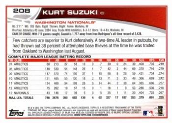 2013 Topps #208 Kurt Suzuki Back