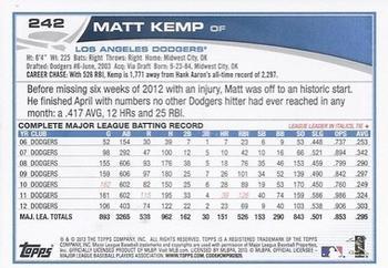 2013 Topps #242 Matt Kemp Back