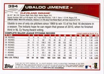 2013 Topps #394 Ubaldo Jimenez Back