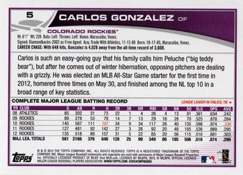 2013 Topps #5 Carlos Gonzalez Back