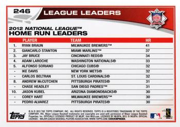 2013 Topps #246 2012 NL Home Run Leaders (Ryan Braun / Giancarlo Stanton / Jay Bruce) Back