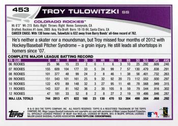 2013 Topps #453 Troy Tulowitzki Back
