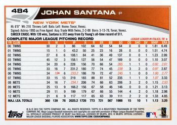 2013 Topps #484 Johan Santana Back