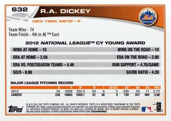 2013 Topps #632 R.A. Dickey Back