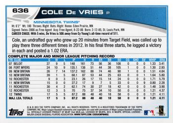 2013 Topps #636 Cole De Vries Back