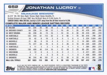 2013 Topps #652 Jonathan Lucroy Back