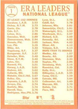 2013 Topps Heritage #1 National League ERA Leaders (Clayton Kershaw / R.A. Dickey / Johnny Cueto) Back