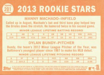 2013 Topps Heritage #201 Orioles Rookie Stars (Manny Machado / Dylan Bundy) Back