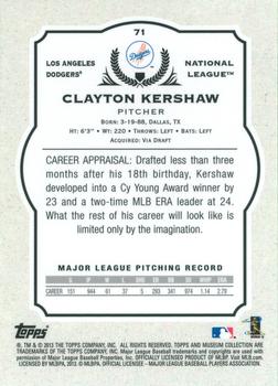 2013 Topps Museum Collection #71 Clayton Kershaw Back