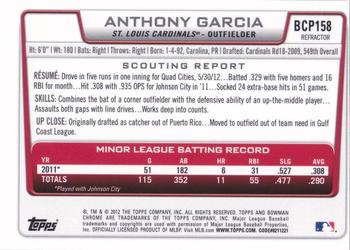 2012 Bowman Chrome - Prospects Green Refractors #BCP158 Anthony Garcia Back