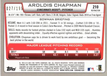 2012 Bowman Chrome - Purple Refractors #210 Aroldis Chapman Back