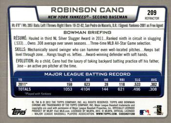 2012 Bowman Chrome - Refractors #209 Robinson Cano Back