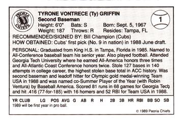 1989 Peoria Chiefs #1 Ty Griffin Back