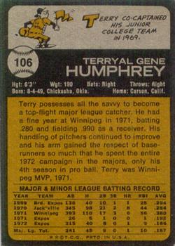 1973 Topps #106 Terry Humphrey Back